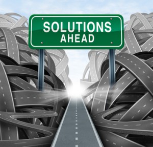 Solutions ahead and business answers concept with a green 